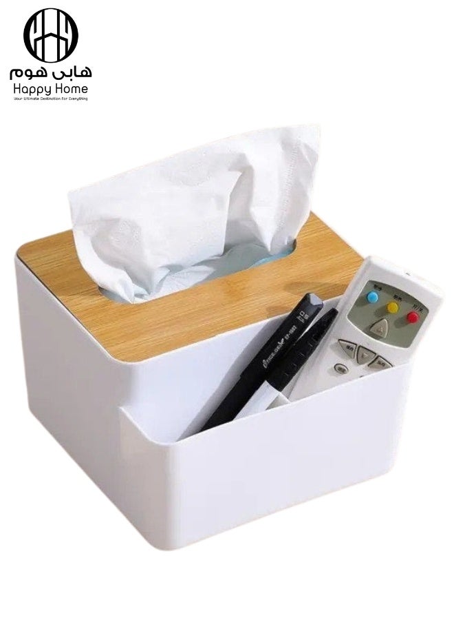 Happy Home Decorative Plastic Tissue Box with Wooden Lid, 2-Compartment Tissue Box Organizer for Living Room and Office, Multi-Purpose Tissue Holder with Storage for Remote Controls, Pens and Accessories, Lightweight Tabletop Organizer for Bathroom, Bedroom, Desk and Coffee Table - Image 1